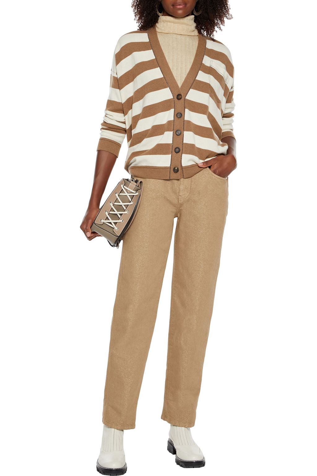 BRUNELLO CUCINELLI Bead-embellished striped wool, cashmere and silk-blend cardigan