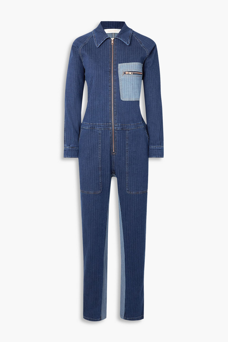 Shop See By Chloé Patchwork Denim Jumpsuit In Dark Denim