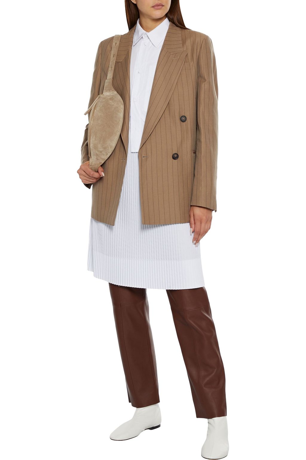 BRUNELLO CUCINELLI Double-breasted pinstriped wool and linen-blend blazer