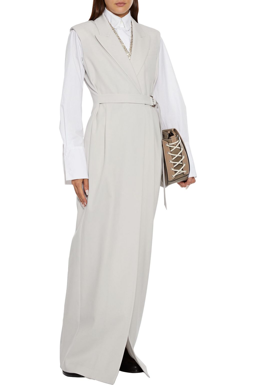 BRUNELLO CUCINELLI Layered sequined crepe de chine and wool-blend twill maxi wrap dress