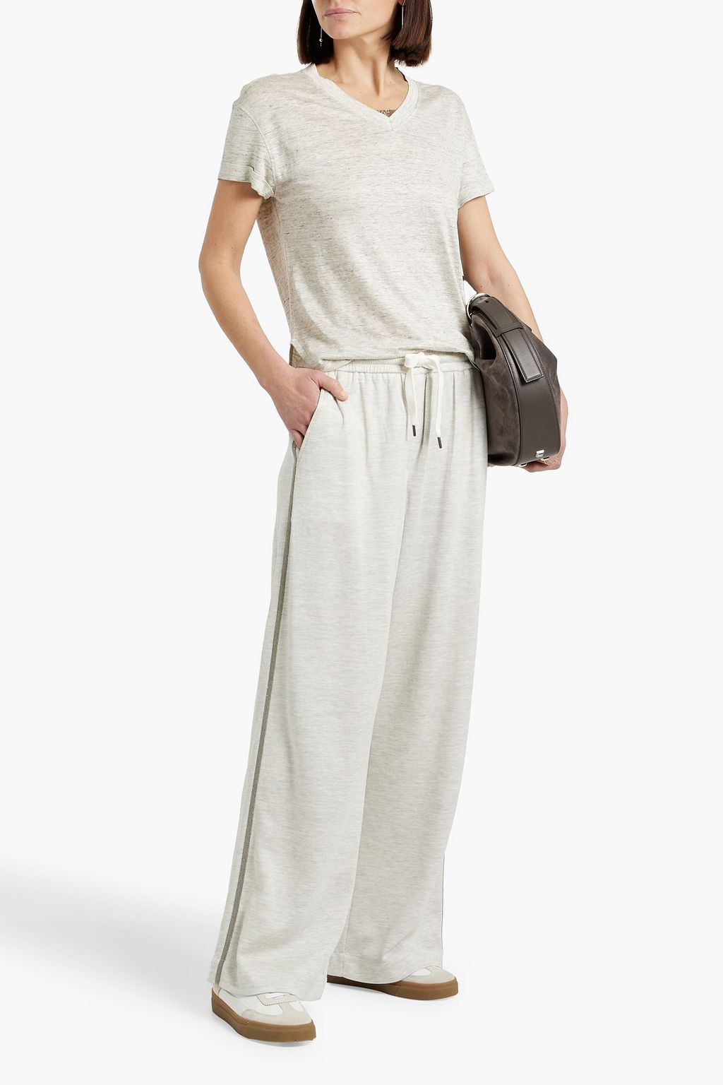BRUNELLO CUCINELLI Bead-embellished cotton-blend jersey track pants