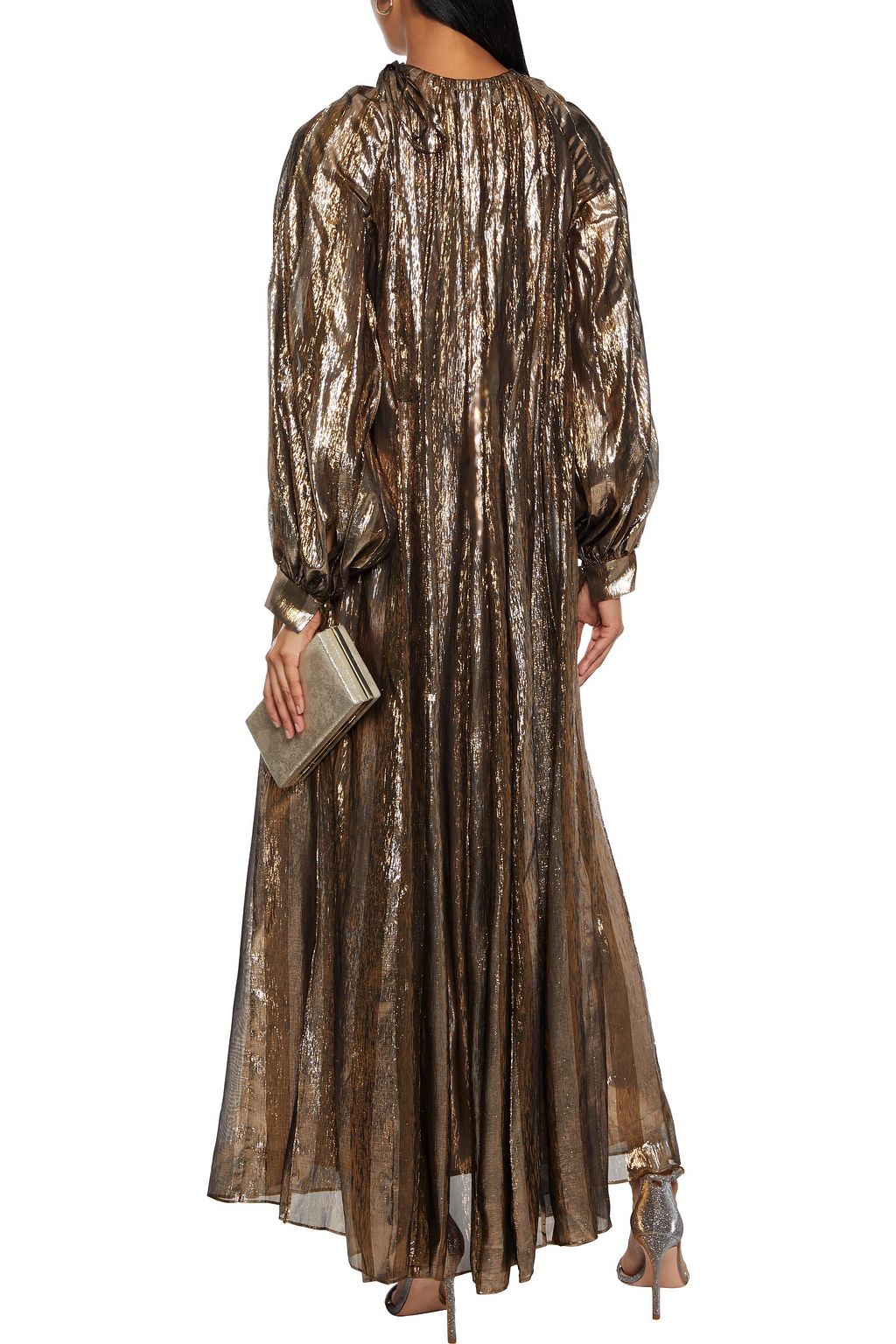 OSCAR DE LA RENTA ギャザー入り ストライプシルク混ラメ マキシワンピース