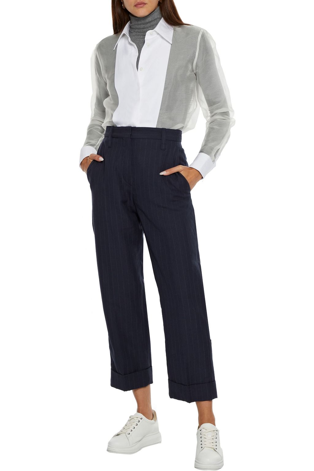 BRUNELLO CUCINELLI Cropped pinstriped wool and linen-blend twill straight-leg pants