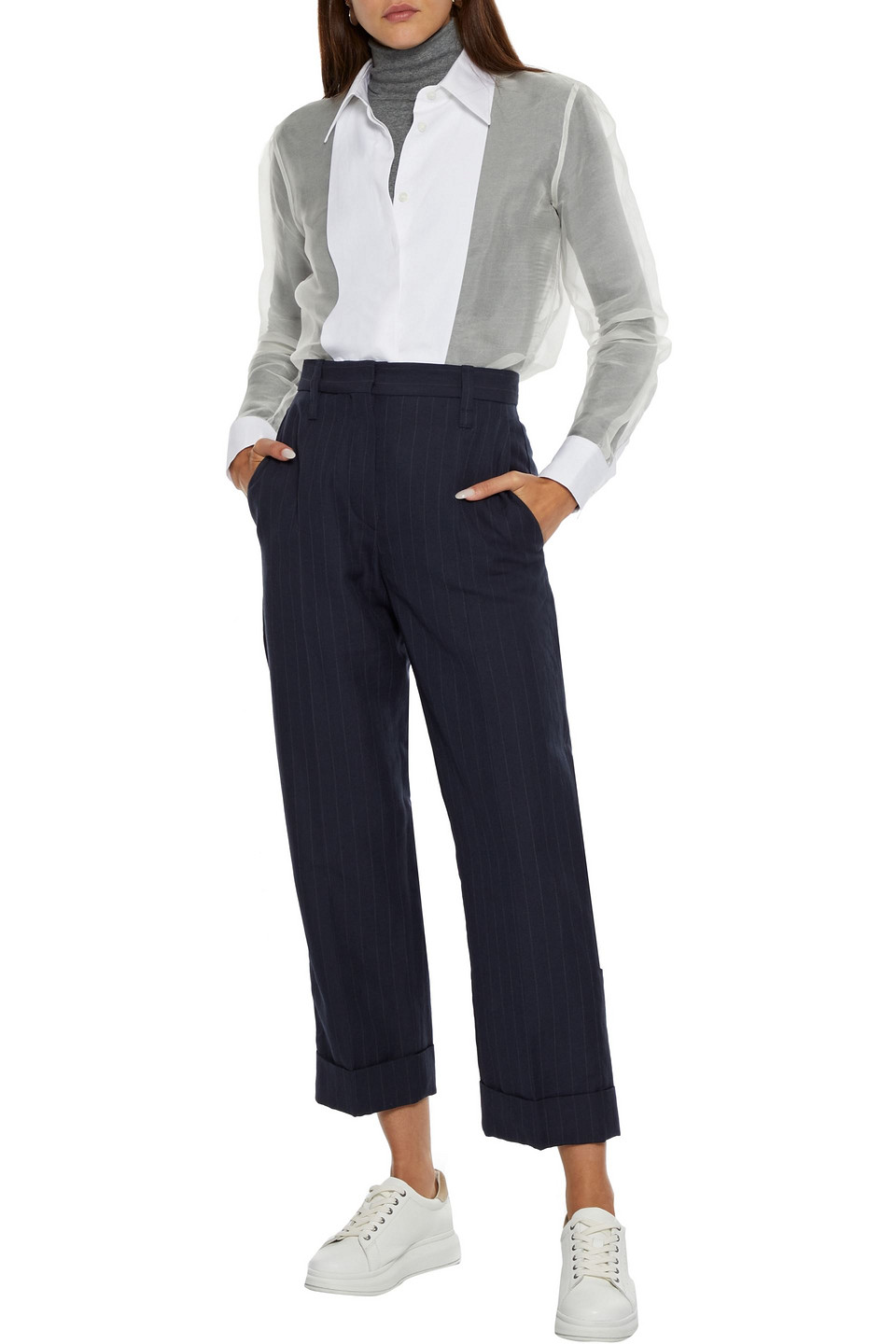Brunello Cucinelli Cropped Pinstriped Wool And Linen-blend Twill Straight-leg Pants In Navy