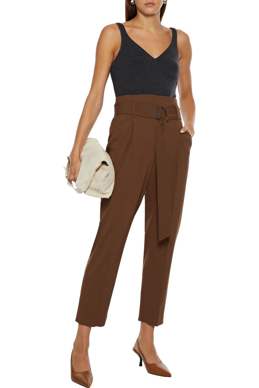 BRUNELLO CUCINELLI Cropped belted wool-blend tapered pants