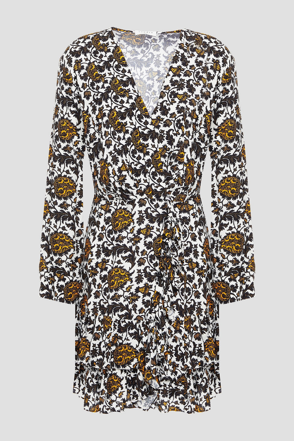 Wrap-effect tiered printed satin-jacquard mini dress