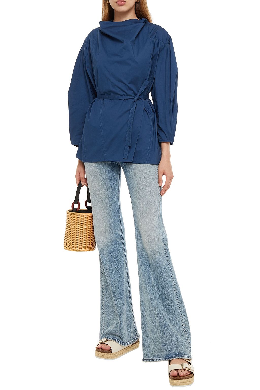 SEA Gathered stretch-cotton poplin wrap top