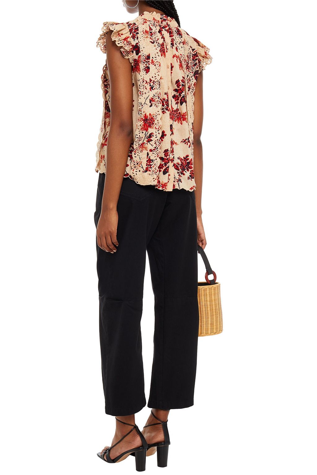 SEA Broderie anglaise-trimmed floral-print cotton top