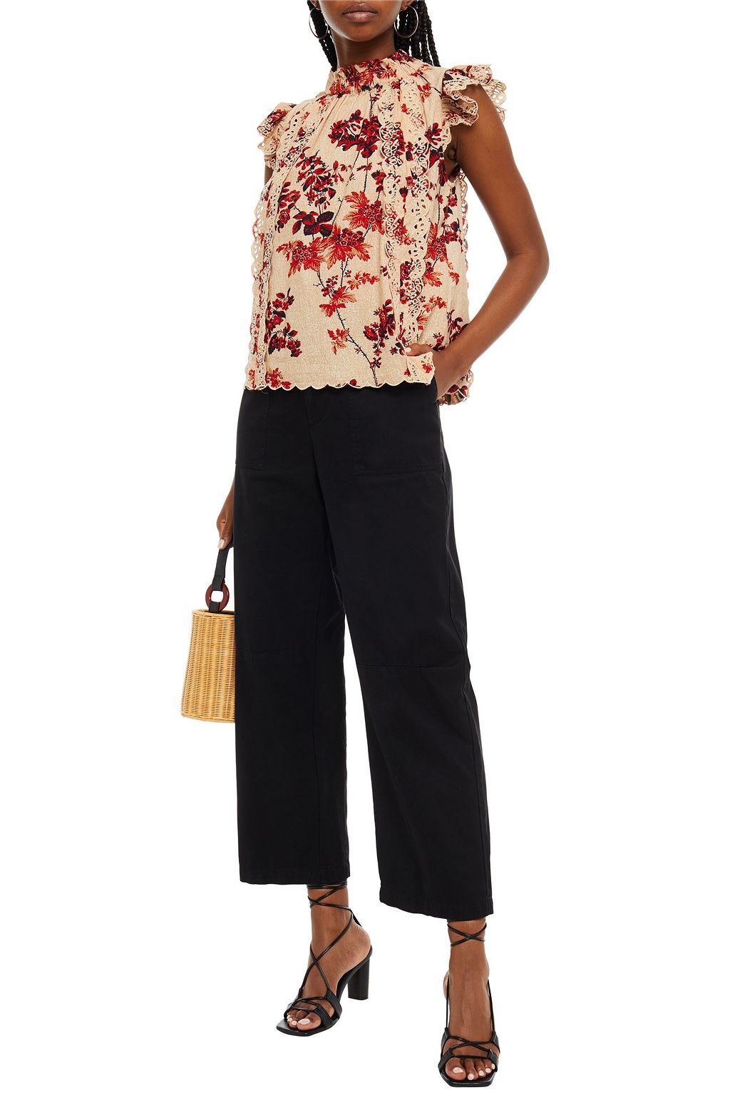 SEA Broderie anglaise-trimmed floral-print cotton top