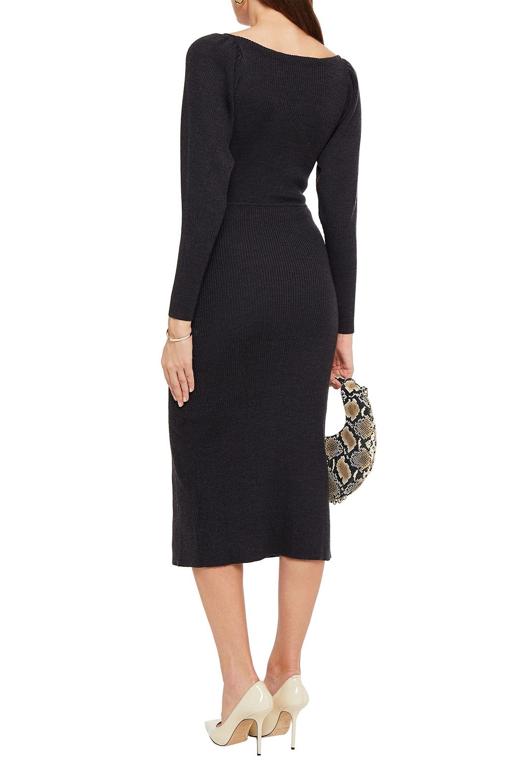SANDRO Button-embellished mélange ribbed-knit midi dress