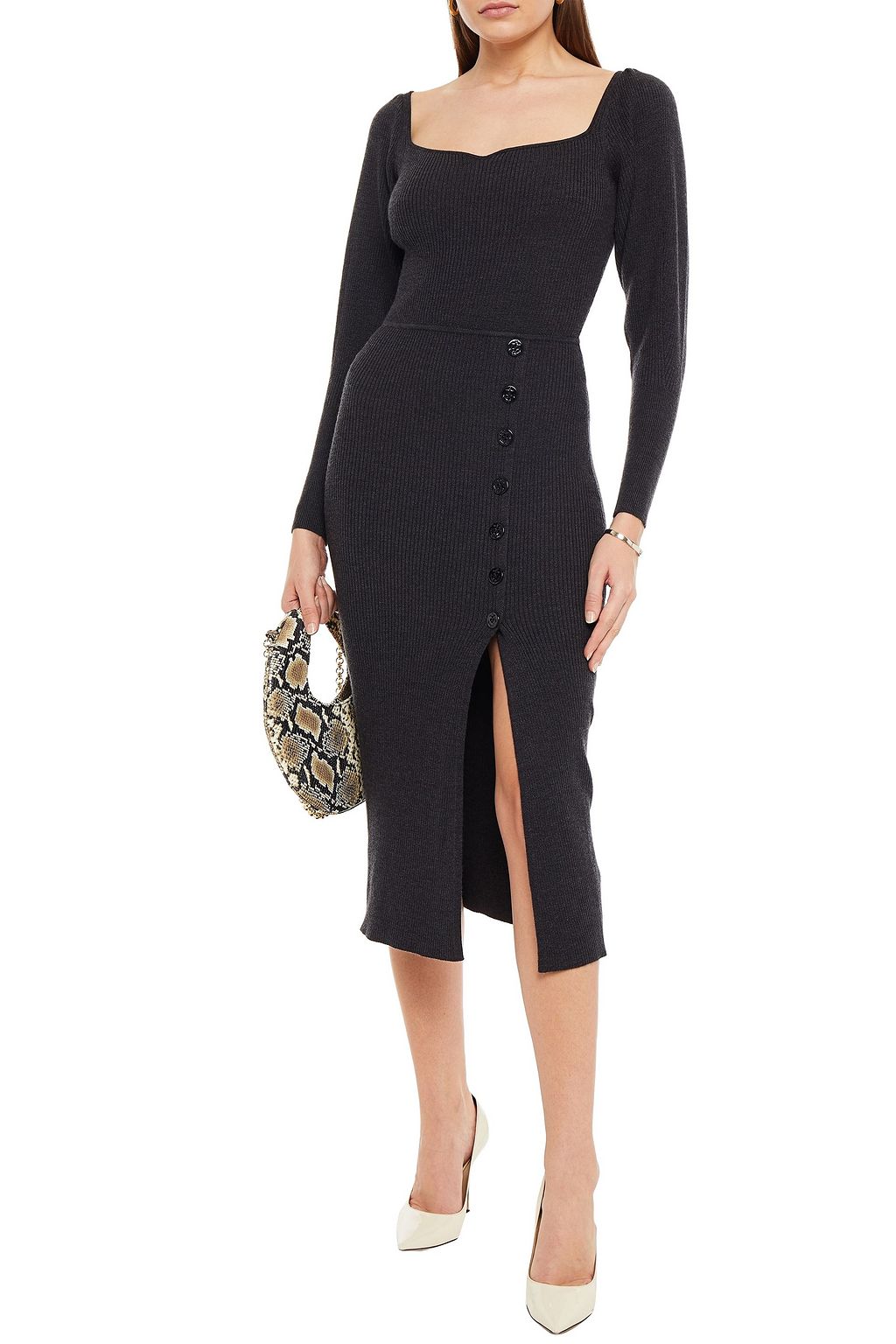 SANDRO Button-embellished mélange ribbed-knit midi dress