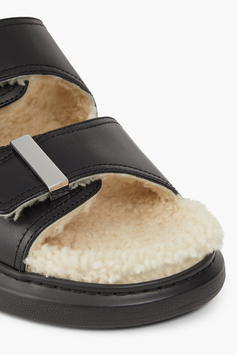 Shop Alexander Mcqueen Shearling-lined Buckled Leather Platform Sandals In Black