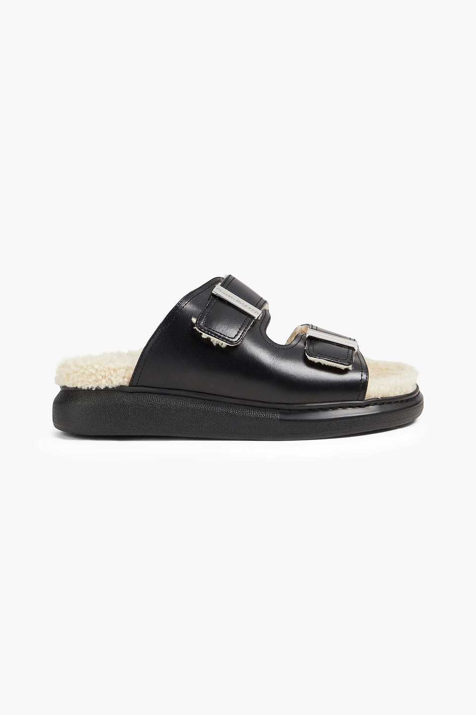 Alexander Mcqueen Shearling-lined Buckled Leather Platform Sandals In Black