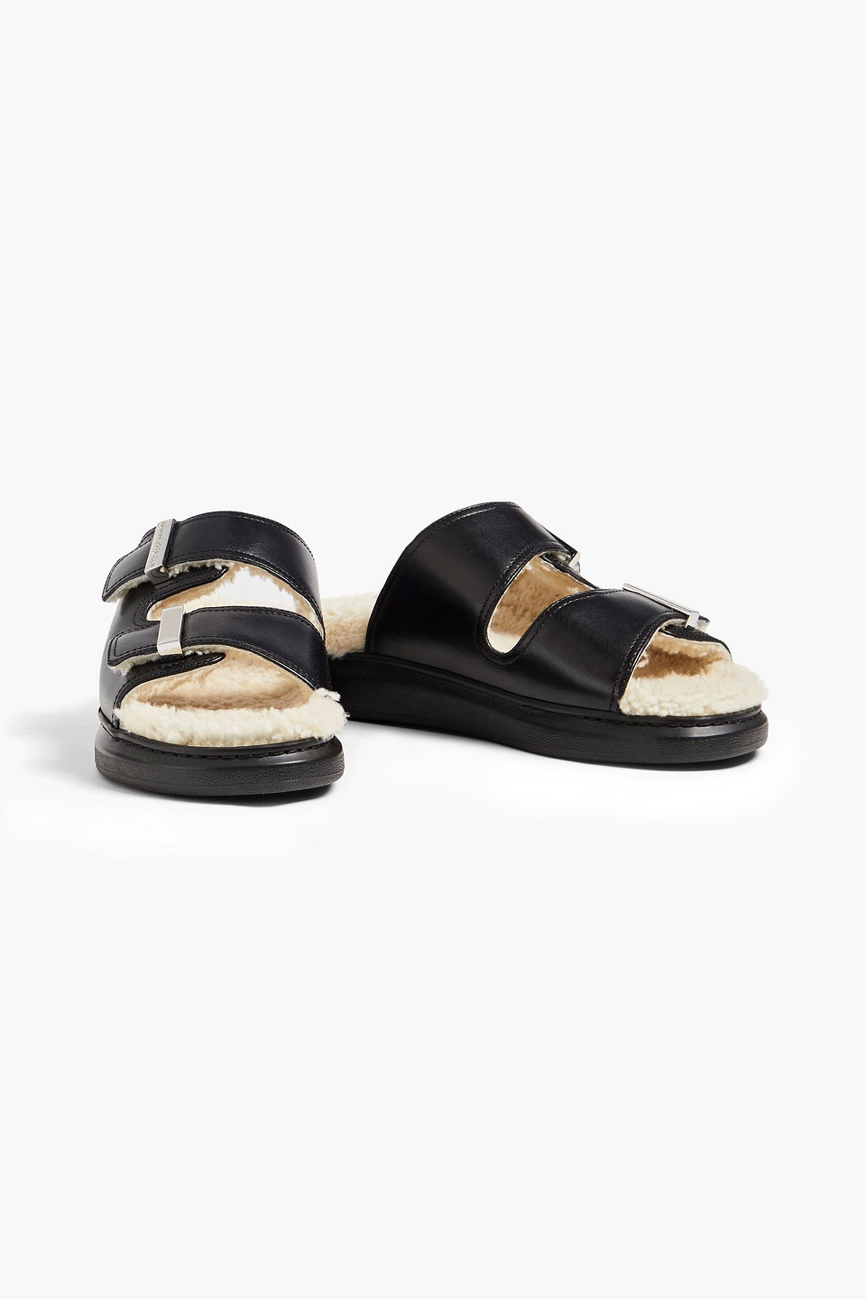 Shop Alexander Mcqueen Shearling-lined Buckled Leather Platform Sandals In Black