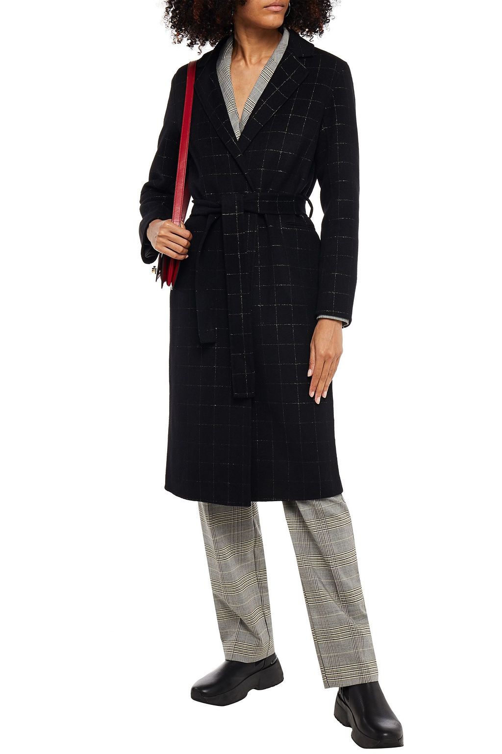 SANDRO Antho belted checked wool-blend felt coat