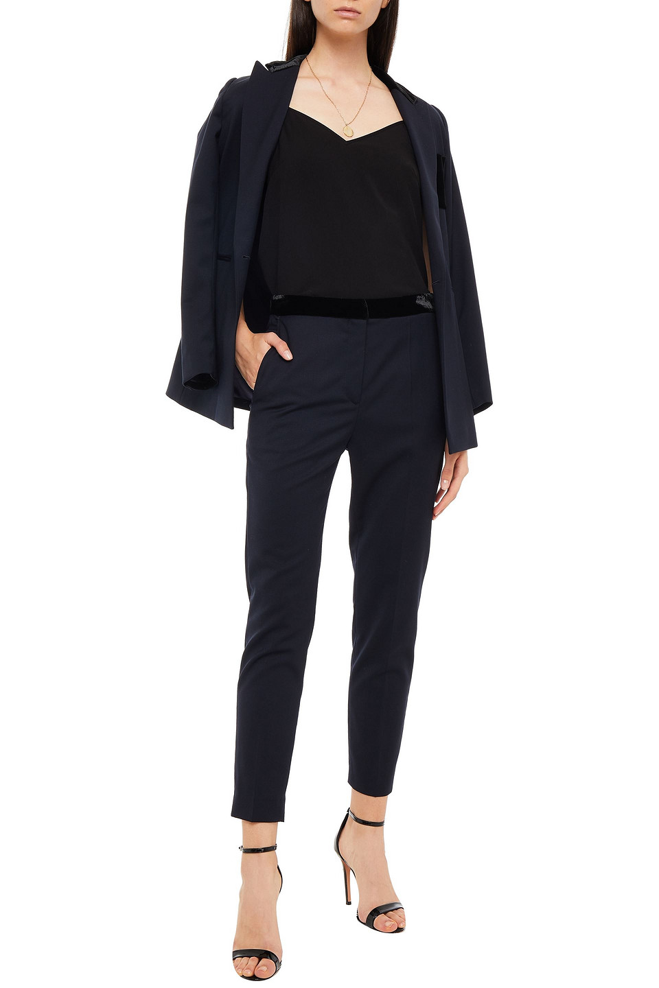 Sandro Jezal Cropped Velvet-trimmed Twill Slim-leg Trousers In Navy