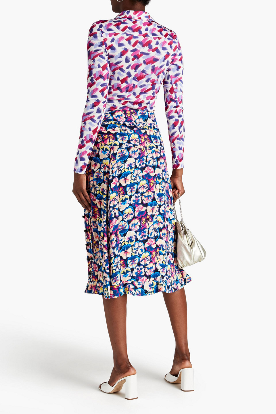 Shop Rabanne Cutout Ruched Printed Crepe Midi Skirt In Navy