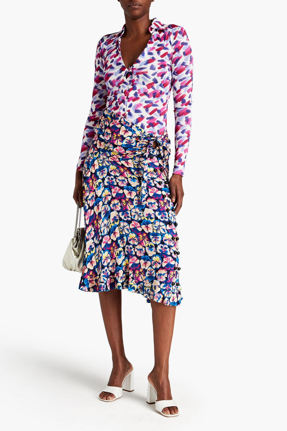 Rabanne Cutout Ruched Printed Crepe Midi Skirt In Navy