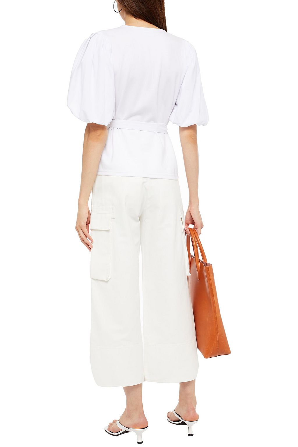 GESTUZ Paneled cotton-poplin and jersey wrap top