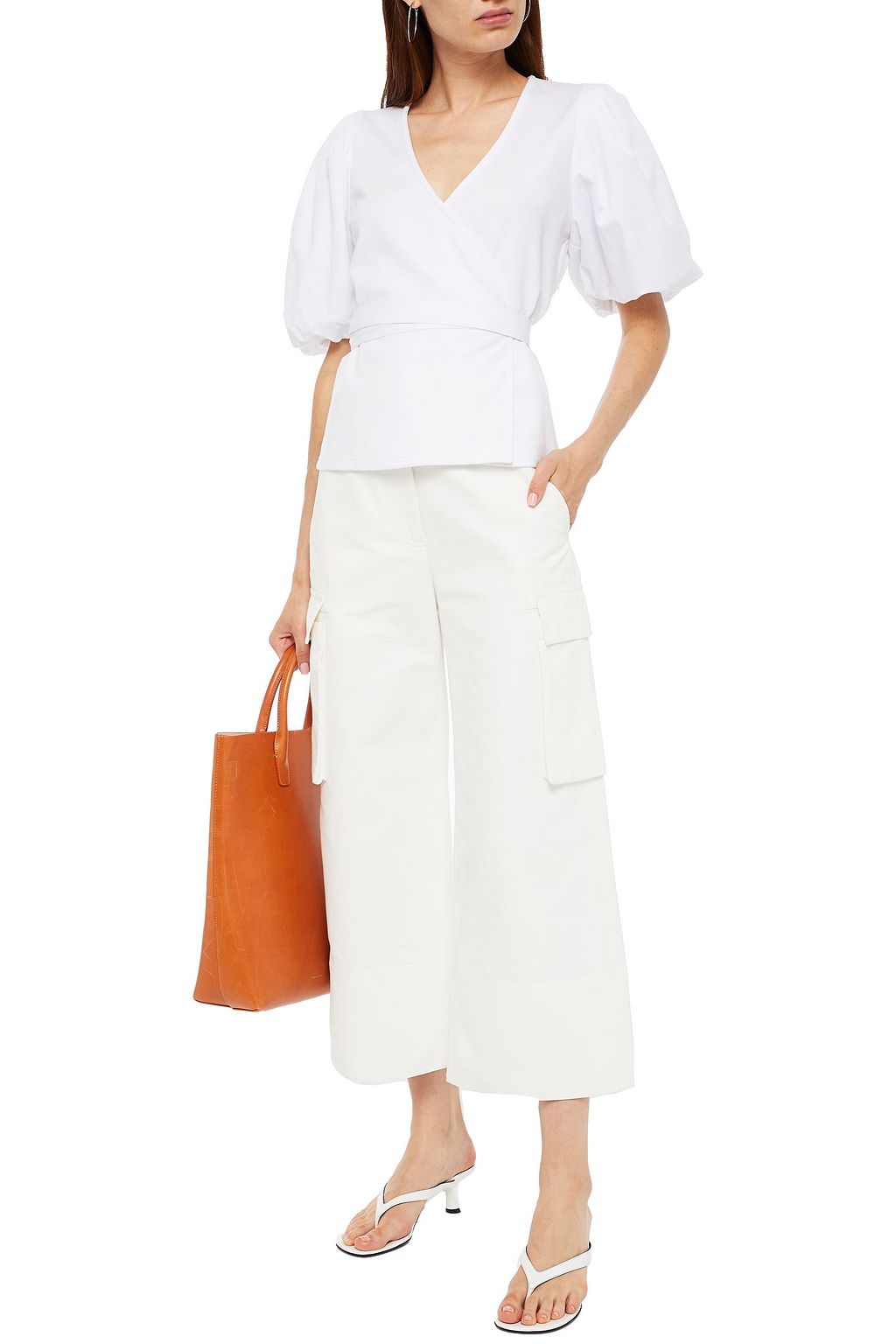 GESTUZ Paneled cotton-poplin and jersey wrap top