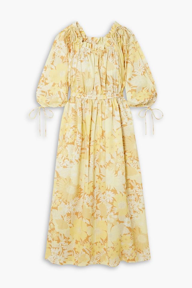 Gathered floral-print linen maxi dress