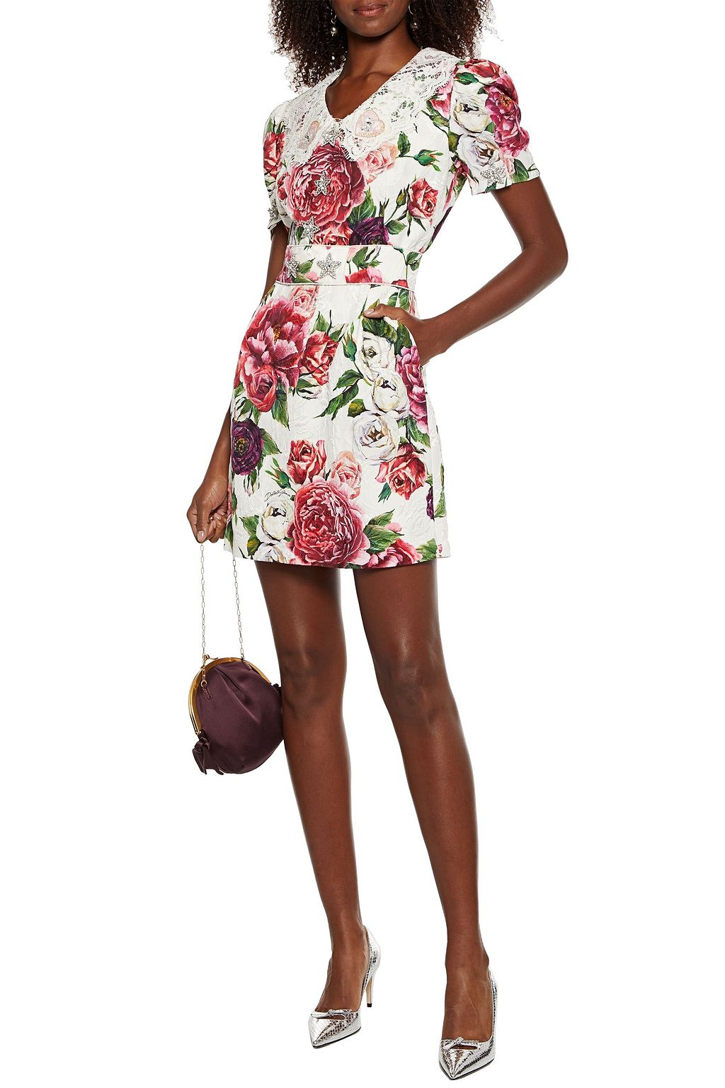 DOLCE&GABBANA Lace-trimmed appliquéd floral-print cotton-blend jacquard mini dress