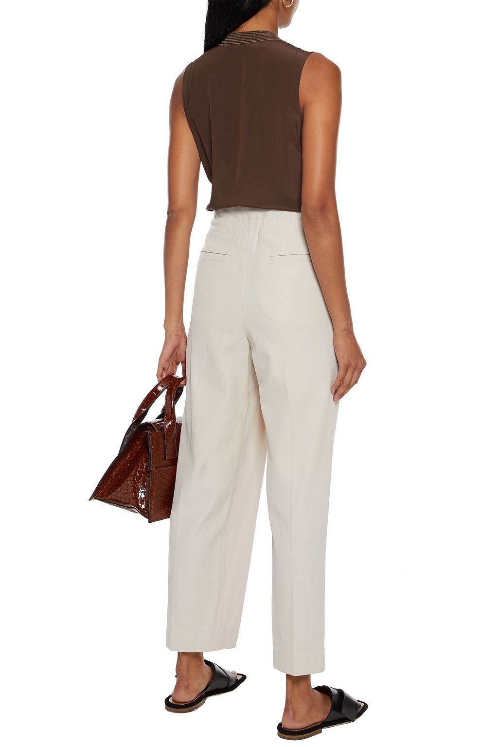 BRUNELLO CUCINELLI Cropped belted wool and cotton-blend twill wide-leg pants