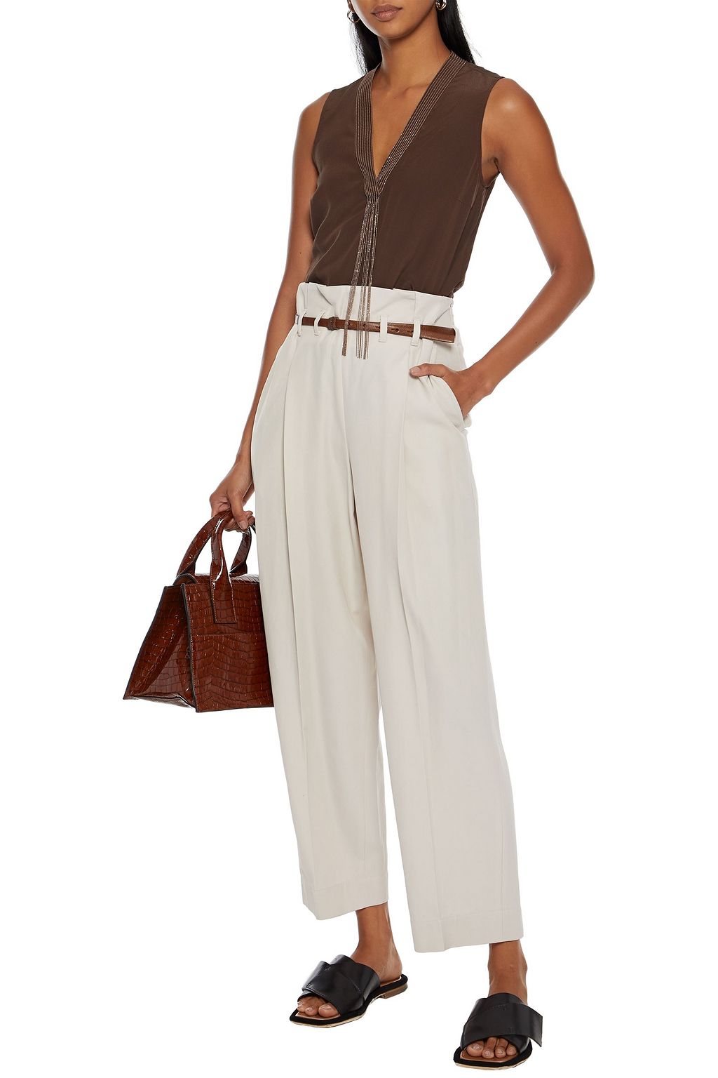 BRUNELLO CUCINELLI Cropped belted wool and cotton-blend twill wide-leg pants