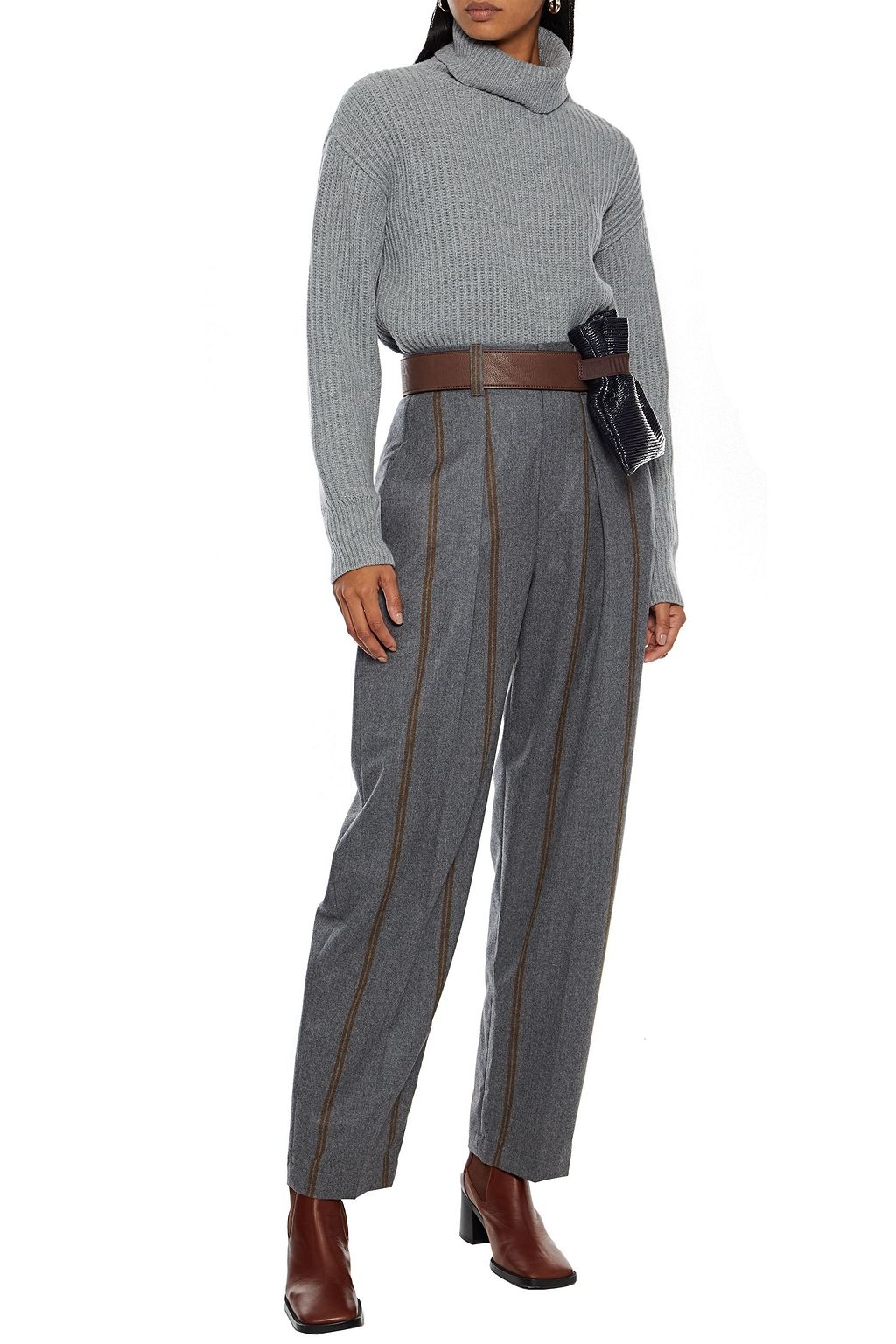 BRUNELLO CUCINELLI Pleated striped wool-felt straight-leg pants