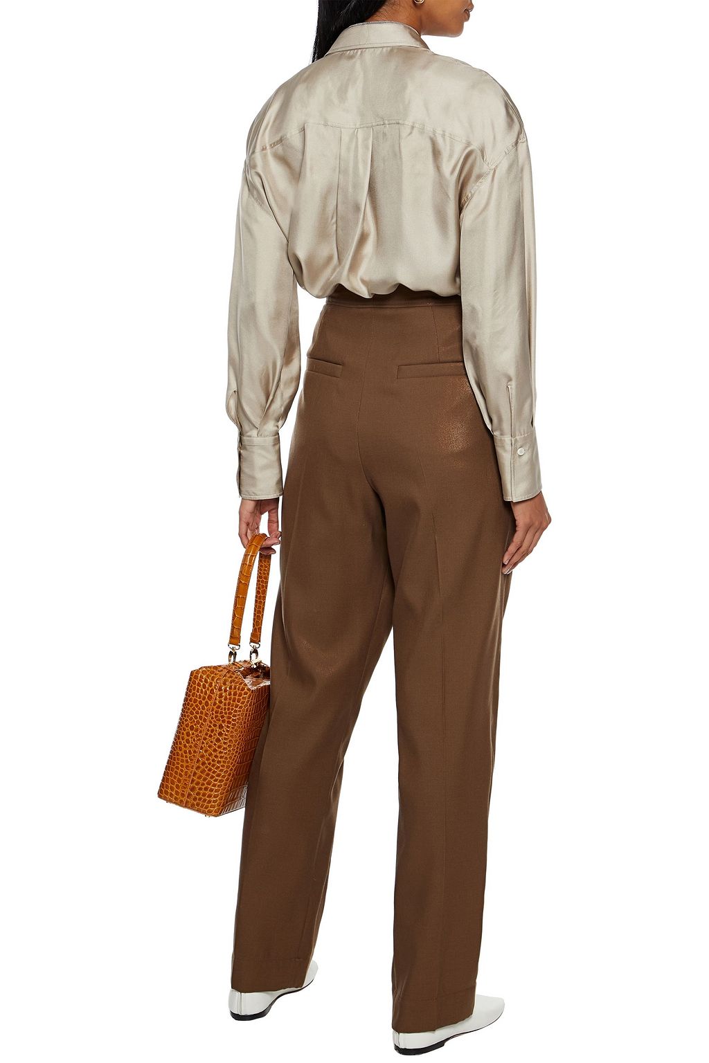 BRUNELLO CUCINELLI Belted metallic wool-blend twill straight-leg pants