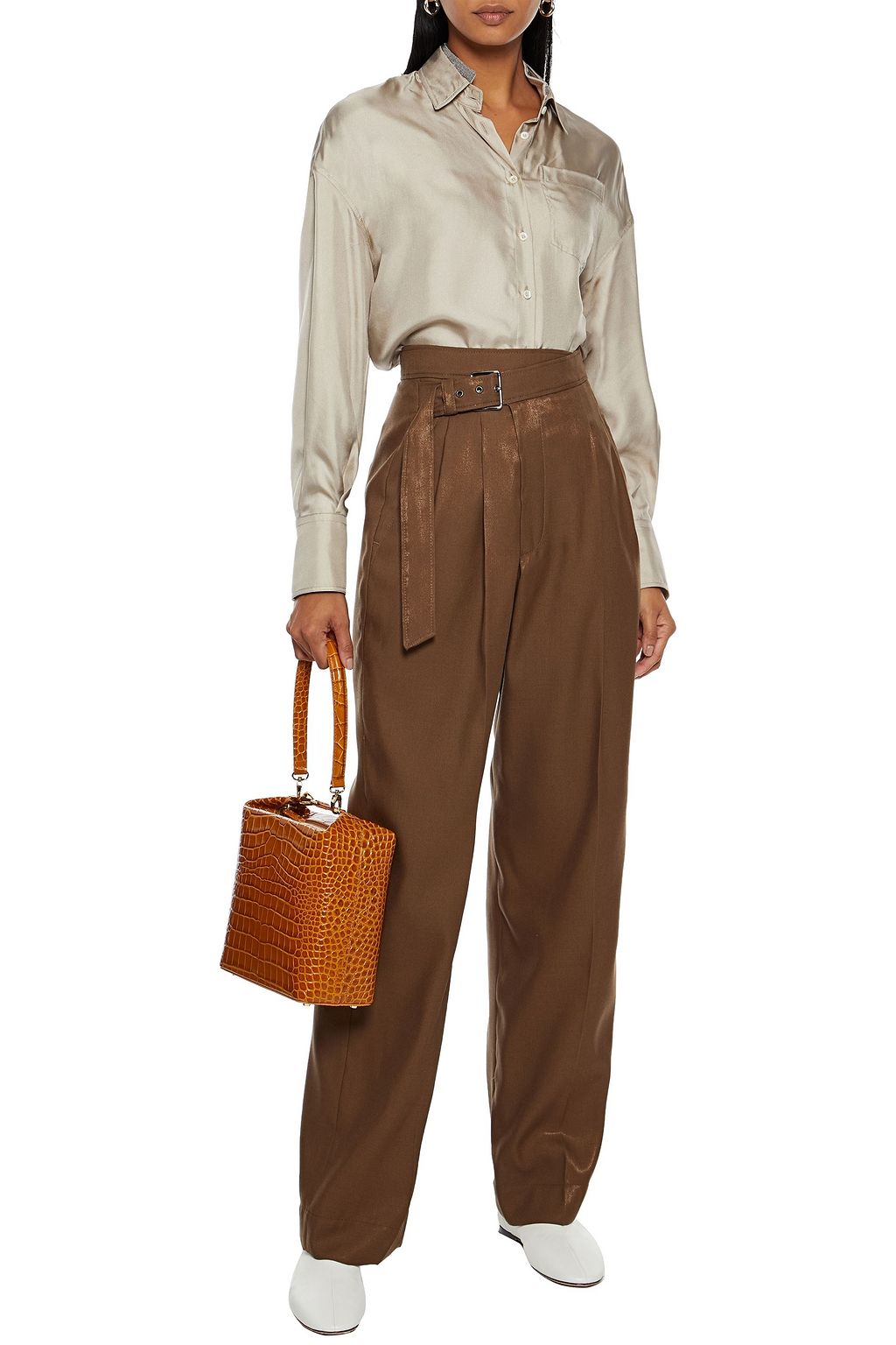 BRUNELLO CUCINELLI Belted metallic wool-blend twill straight-leg pants