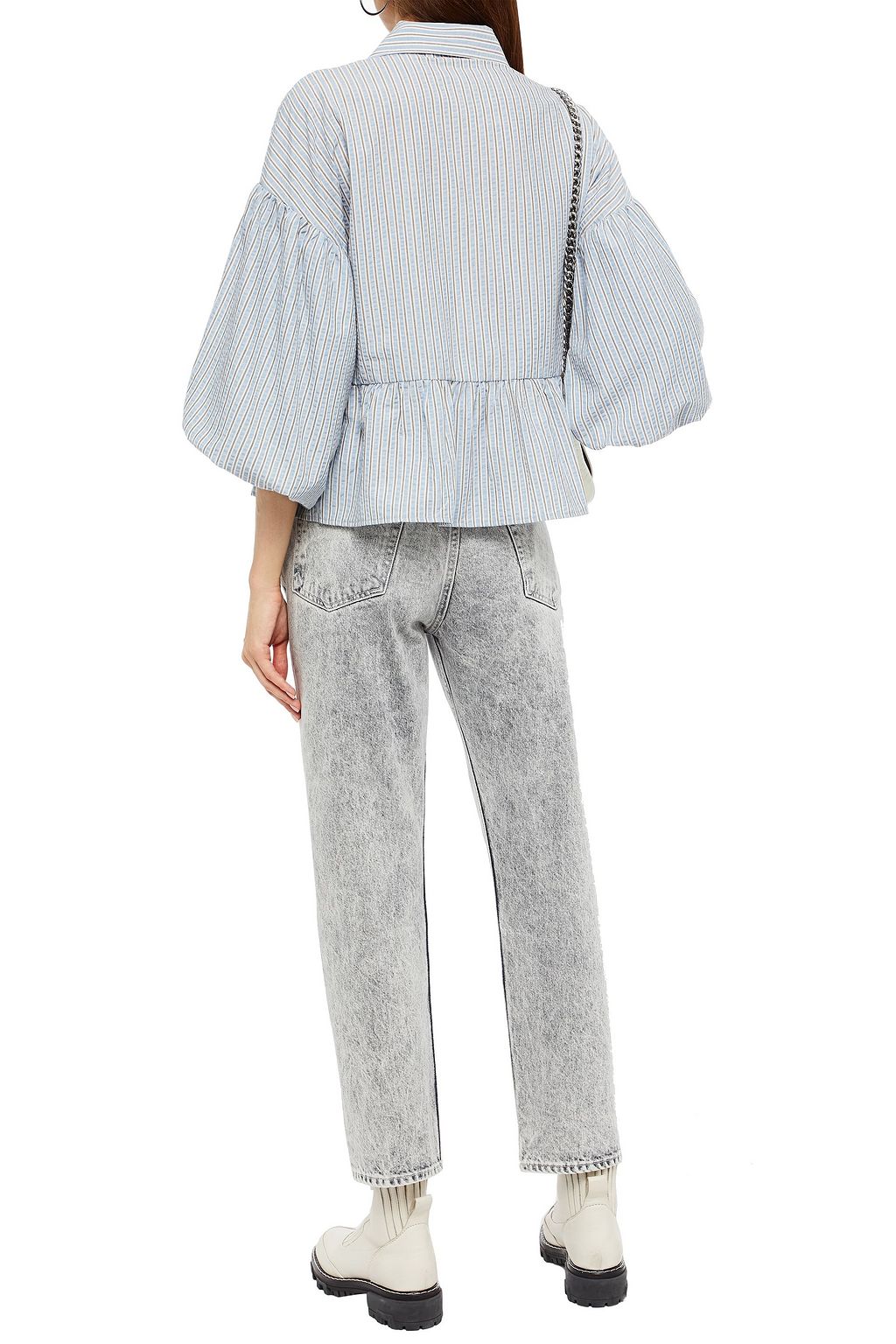GESTUZ Gathered striped chambray shirt