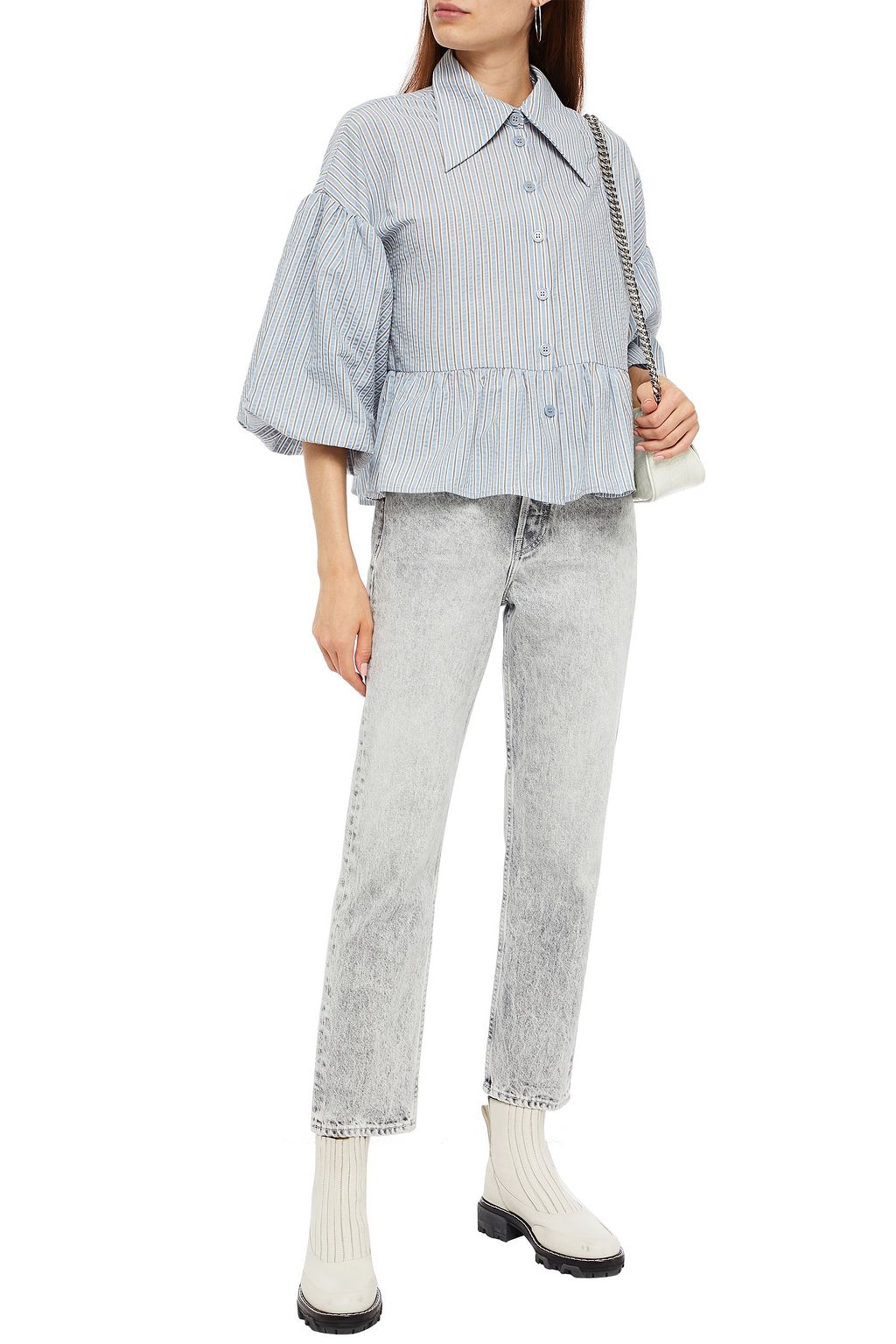 GESTUZ Gathered striped chambray shirt