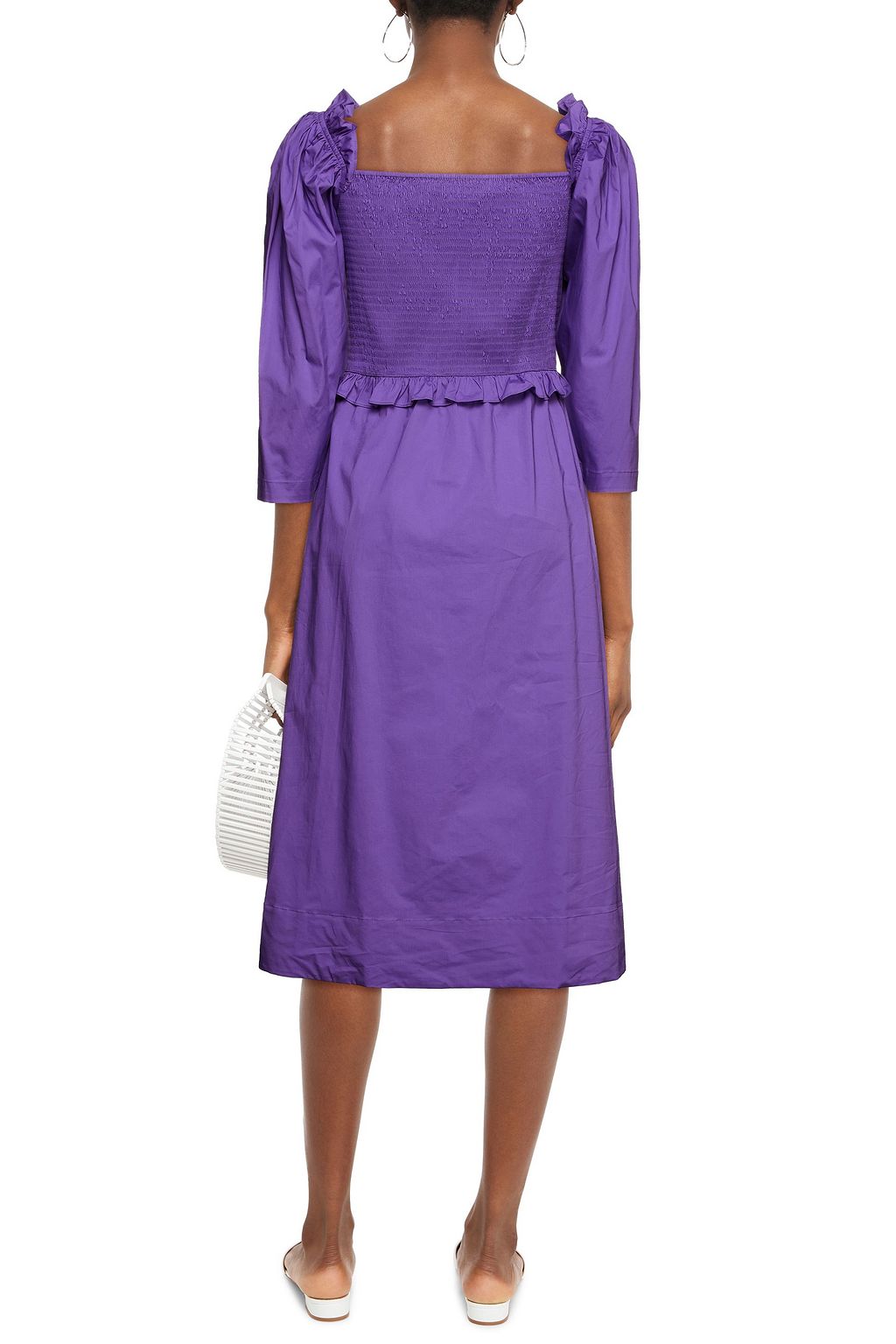 SEA Tabitha ruffle-trimmed shirred stretch-cotton poplin midi dress