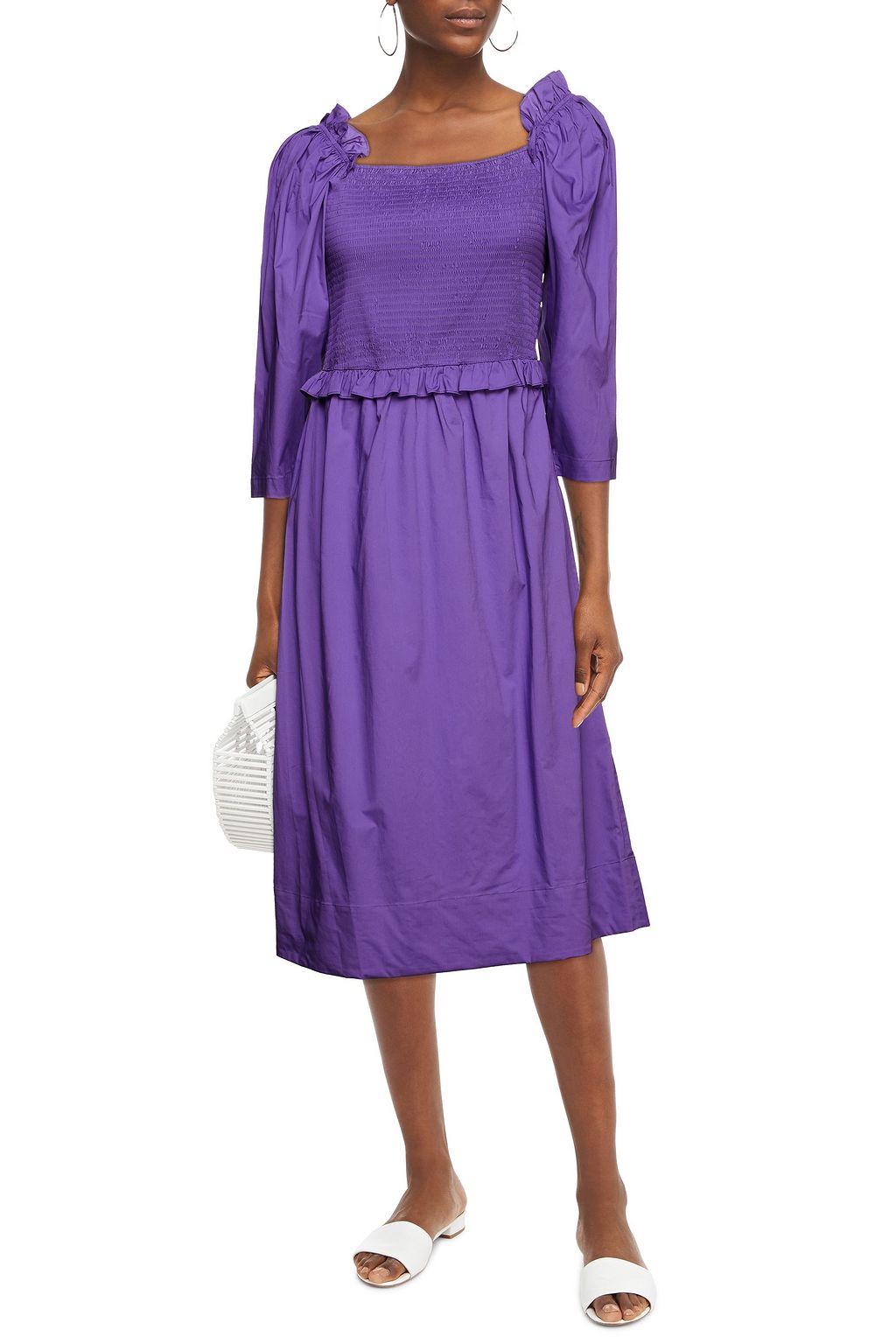 SEA Tabitha ruffle-trimmed shirred stretch-cotton poplin midi dress