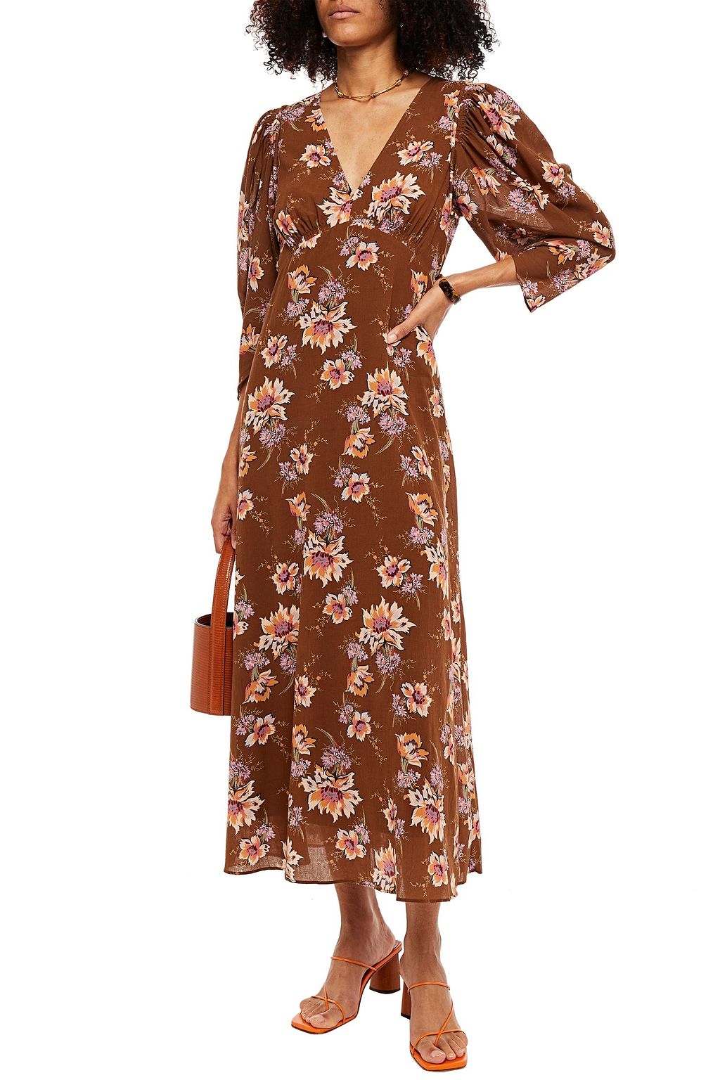 SEA Sylvie gathered floral-print cotton midi dress