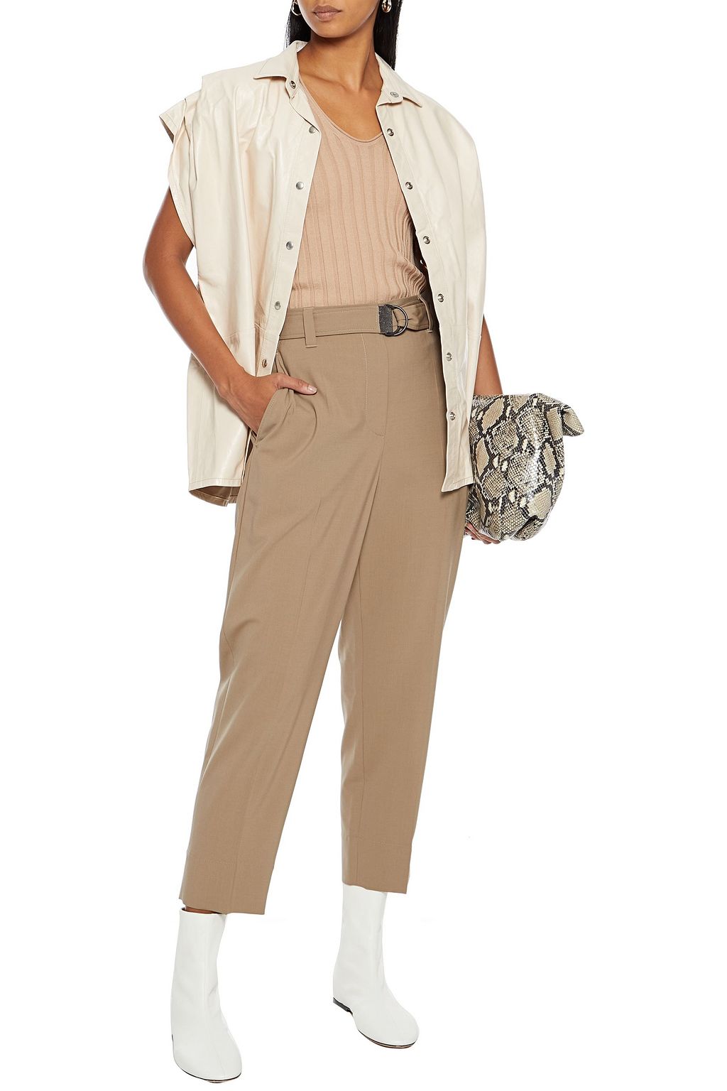 BRUNELLO CUCINELLI Cropped belted wool-blend tapered pants