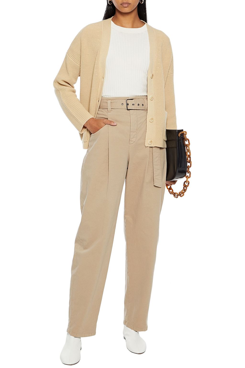 BRUNELLO CUCINELLI Belted pleated cotton-blend twill tapered pants