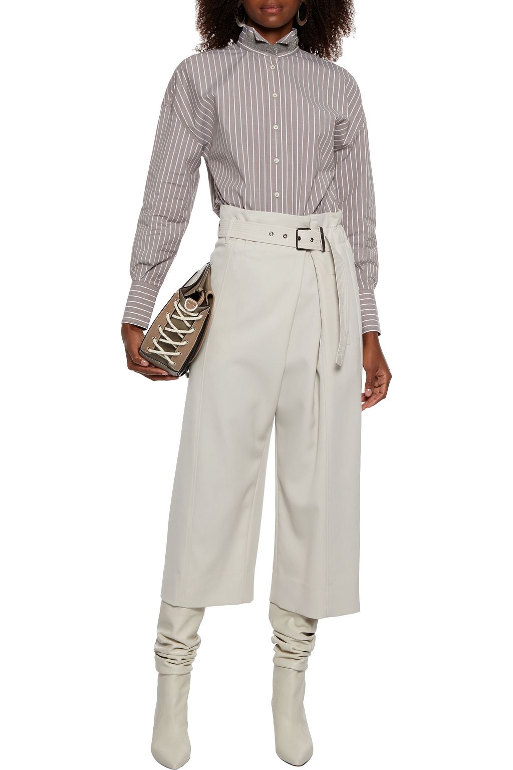 BRUNELLO CUCINELLI Bead-embellished striped cotton-blend poplin shirt