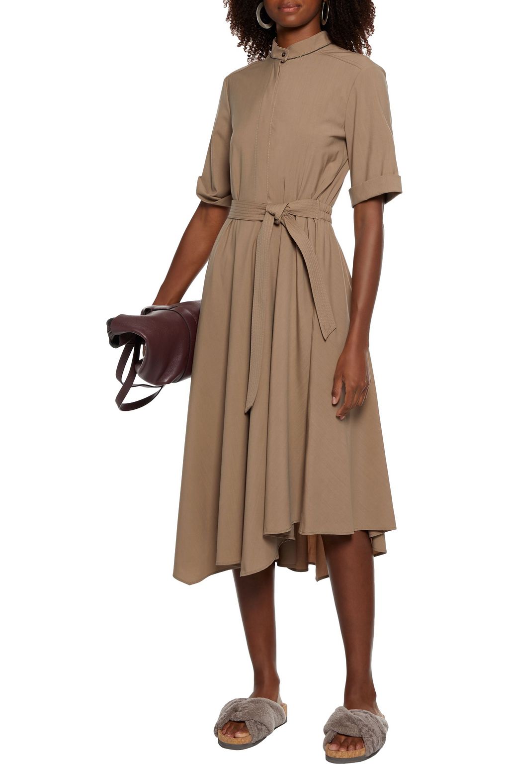 BRUNELLO CUCINELLI Bead-embellished belted wool midi dress