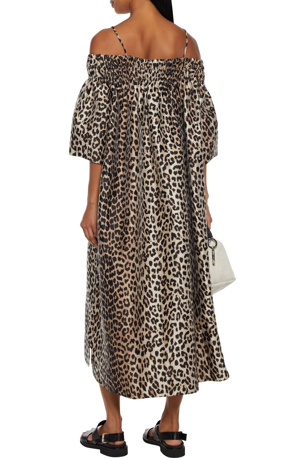 GANNI Cold-shoulder gathered leopard-jacquard midi dress