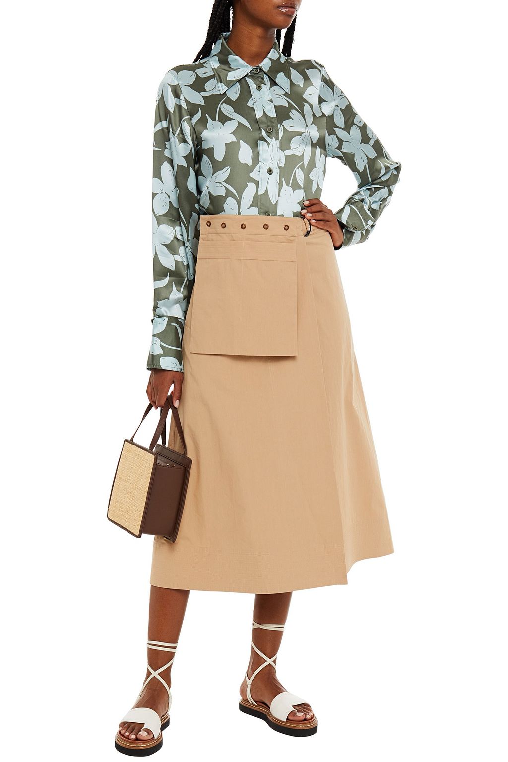 LEE MATHEWS Kei button-detailed cotton-poplin midi wrap skirt