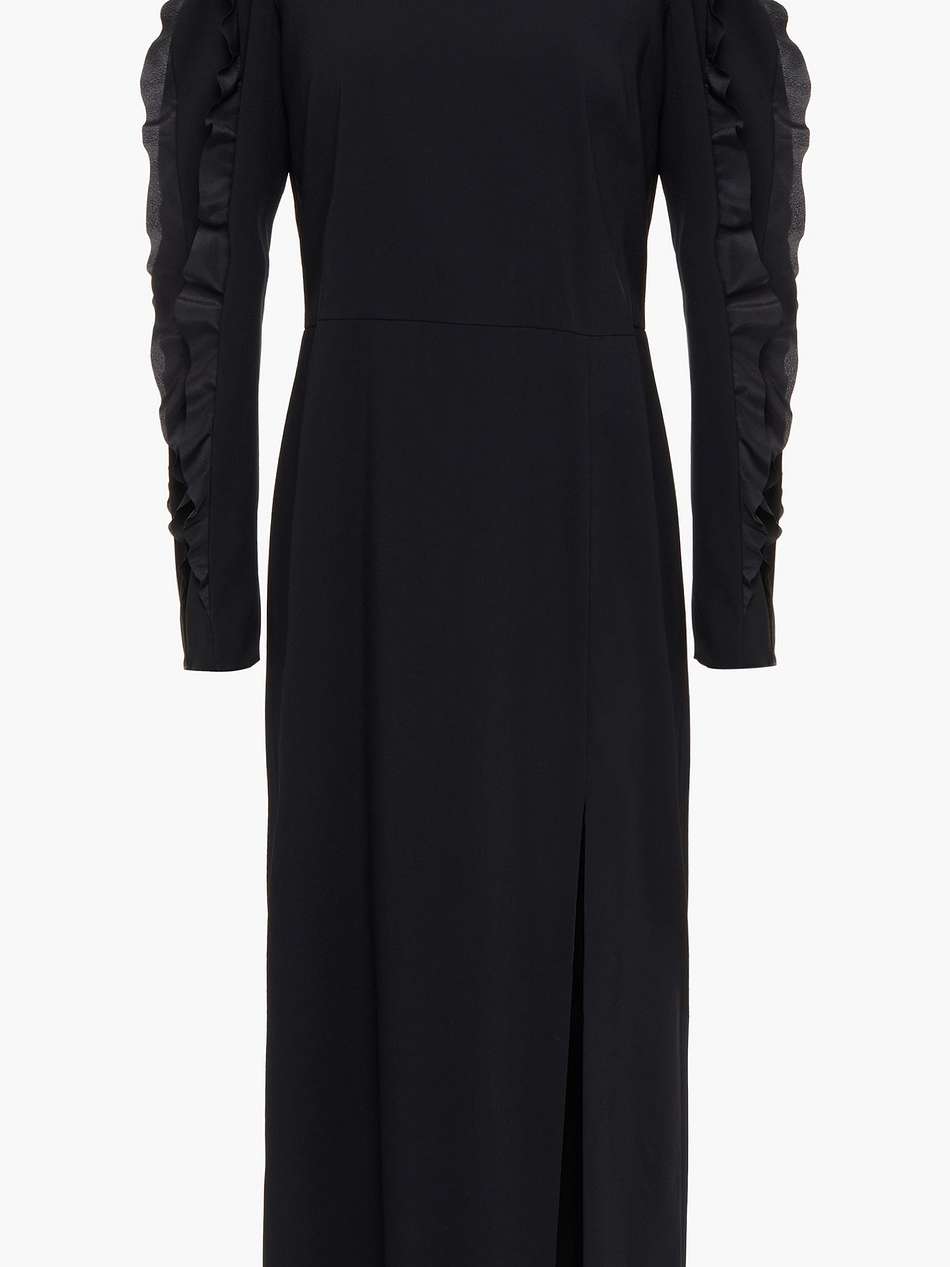 satin-trimmed ruffled crepe midi dress