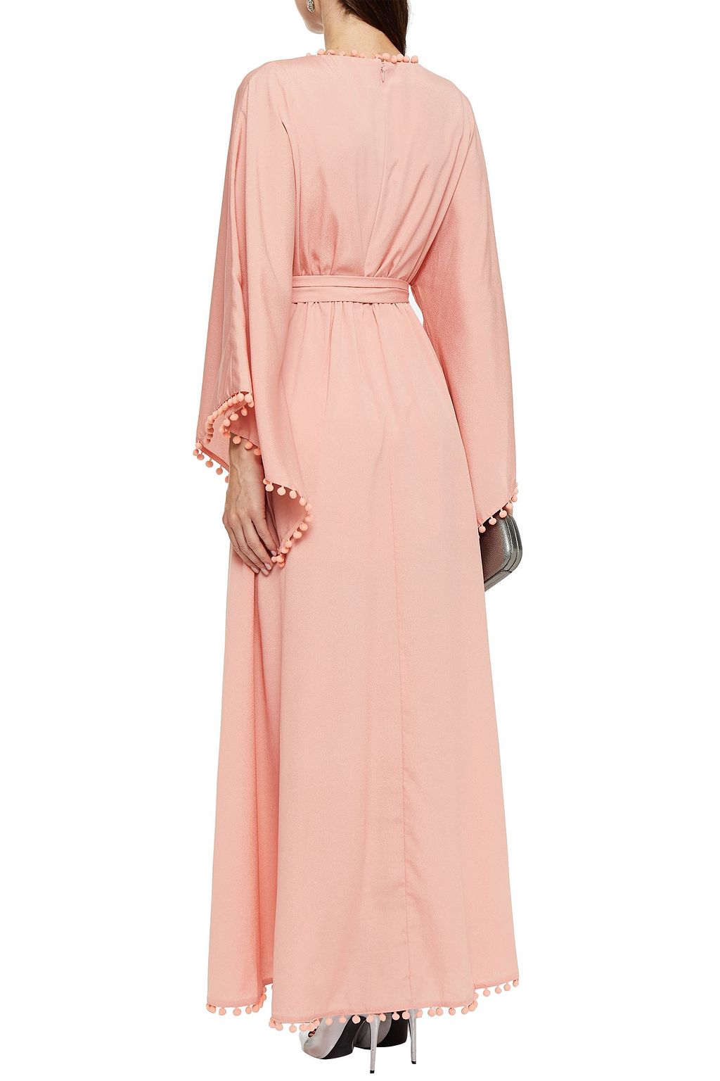 BADGLEY MISCHKA Belted pompom-trimmed satin-crepe gown