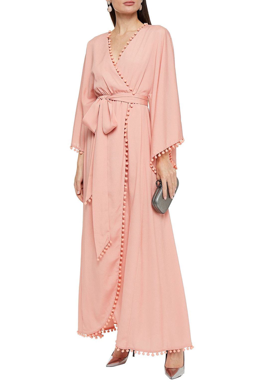BADGLEY MISCHKA Belted pompom-trimmed satin-crepe gown