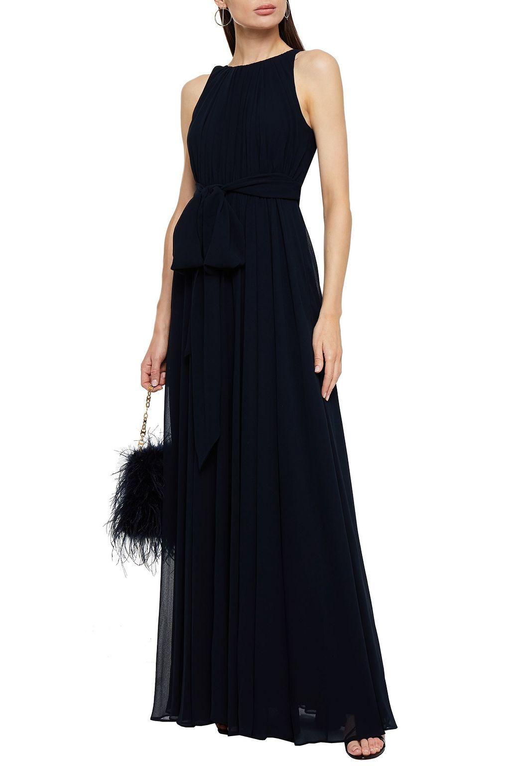 BADGLEY MISCHKA Belted gathered georgette gown
