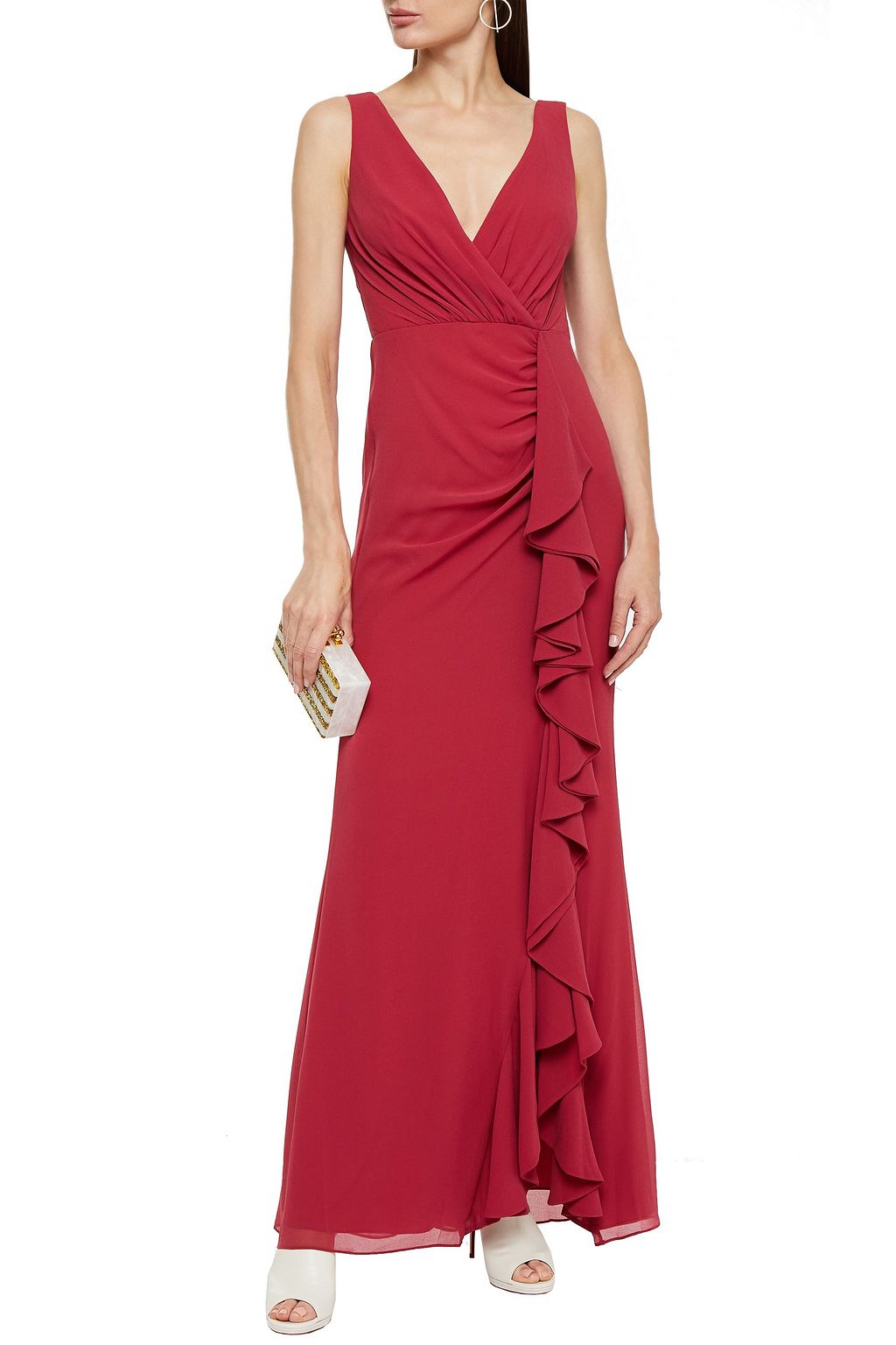 BADGLEY MISCHKA Wrap-effect ruffled georgette gown