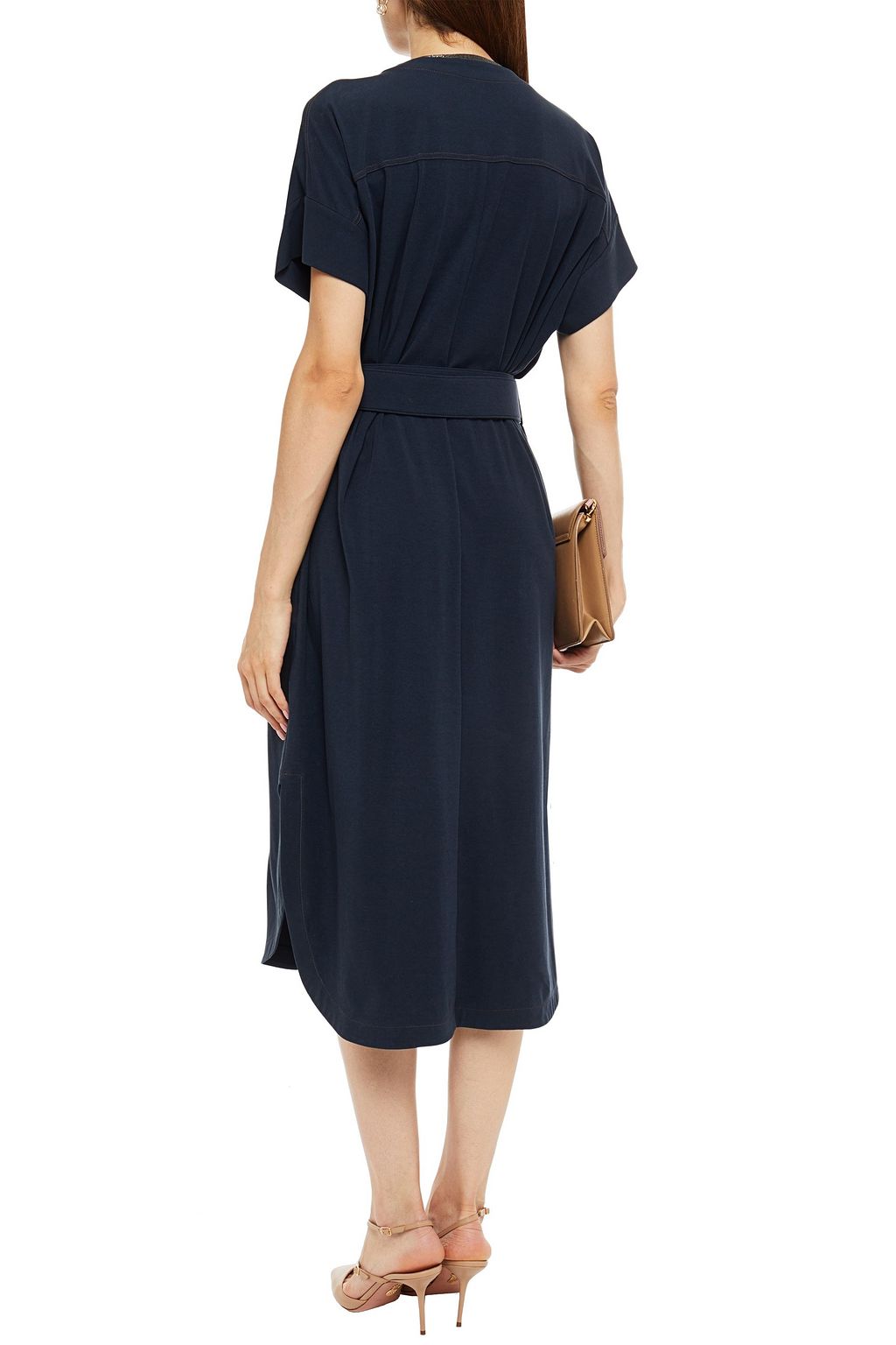 BRUNELLO CUCINELLI Bead-embellished belted cotton-blend jersey midi wrap dress