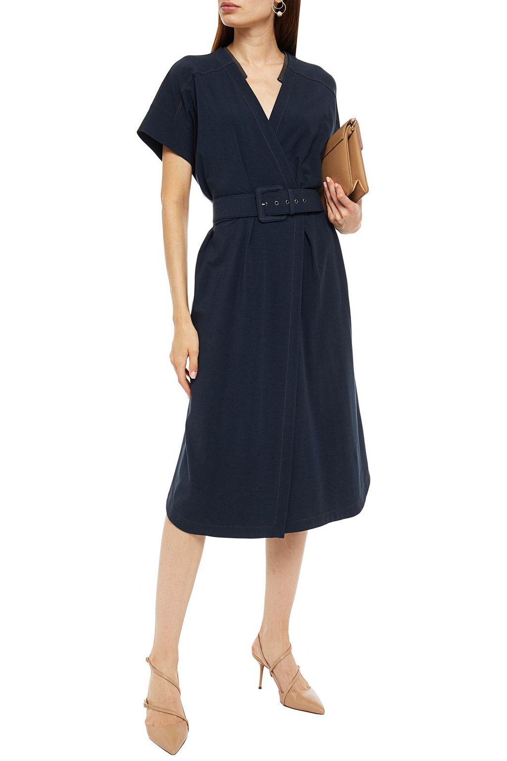 BRUNELLO CUCINELLI Bead-embellished belted cotton-blend jersey midi wrap dress