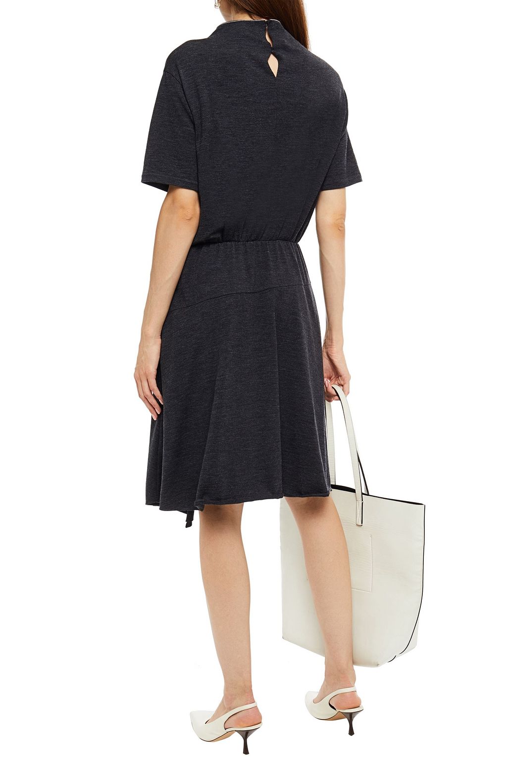 BRUNELLO CUCINELLI Bead-embellished gathered slub wool-blend jersey dress